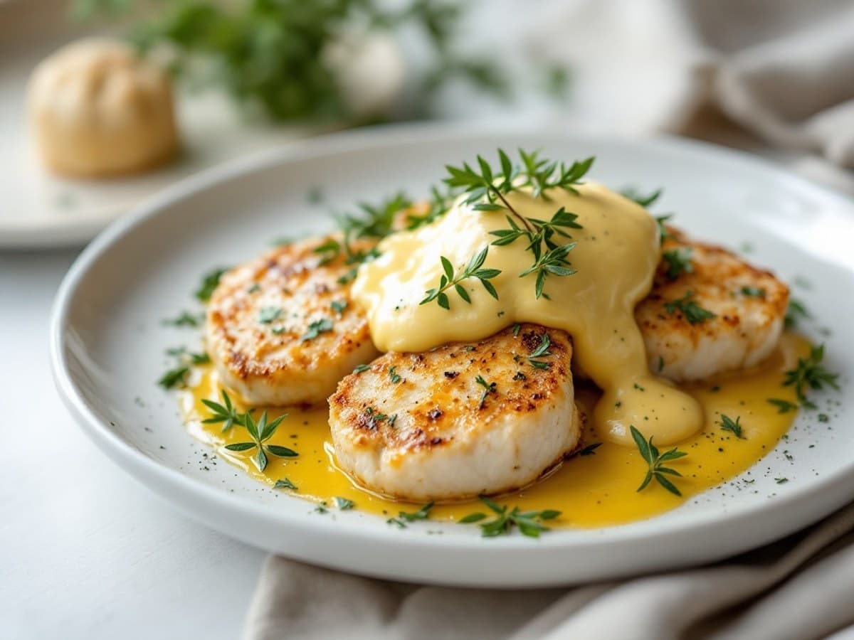Hähnchenbrustfilet mit Kräuterkruste und Limetten-Hollandaise mit tender chicken pieces, –2 Stiele frischer Thymian, –2 Stiele frischer Estragon