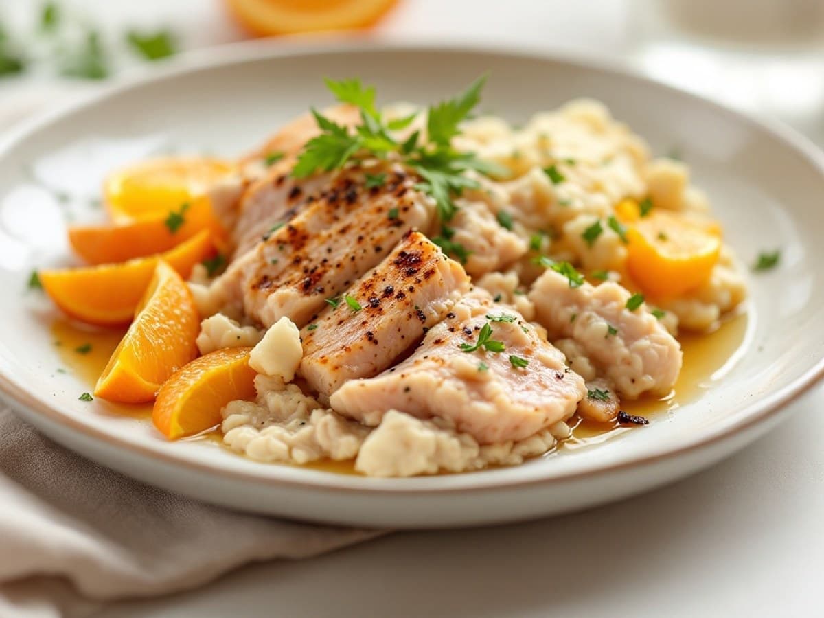 Pfeffergebratener Thunfisch auf Lauch-Orangen-Gemüse