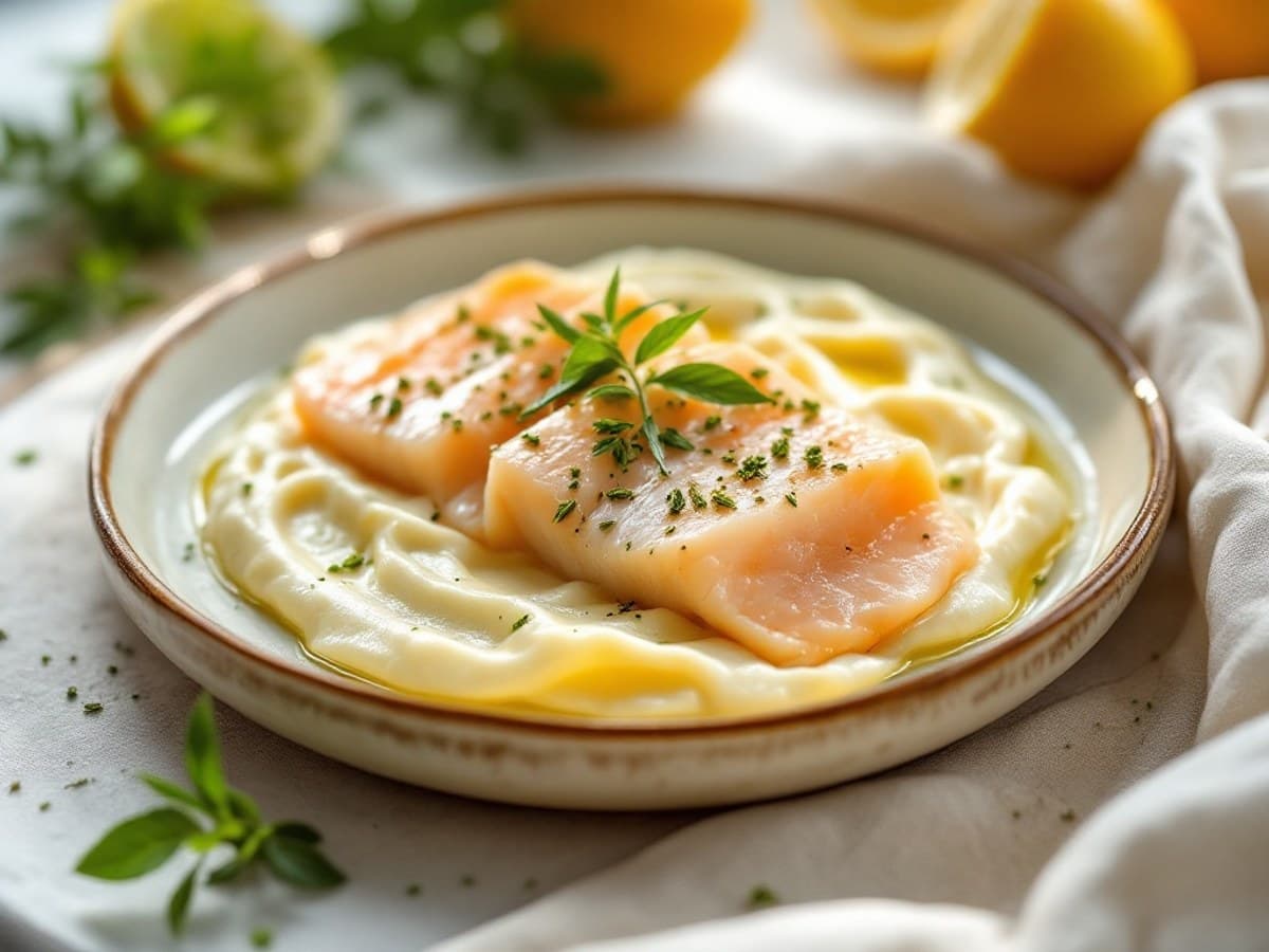 Pochierter Lachs auf Topinambur-Sellerie-Creme mit Pistazien
