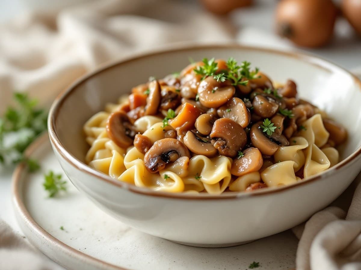 Rindergulasch mit Rotwein, Schalotten und Champignons auf Bandnudeln