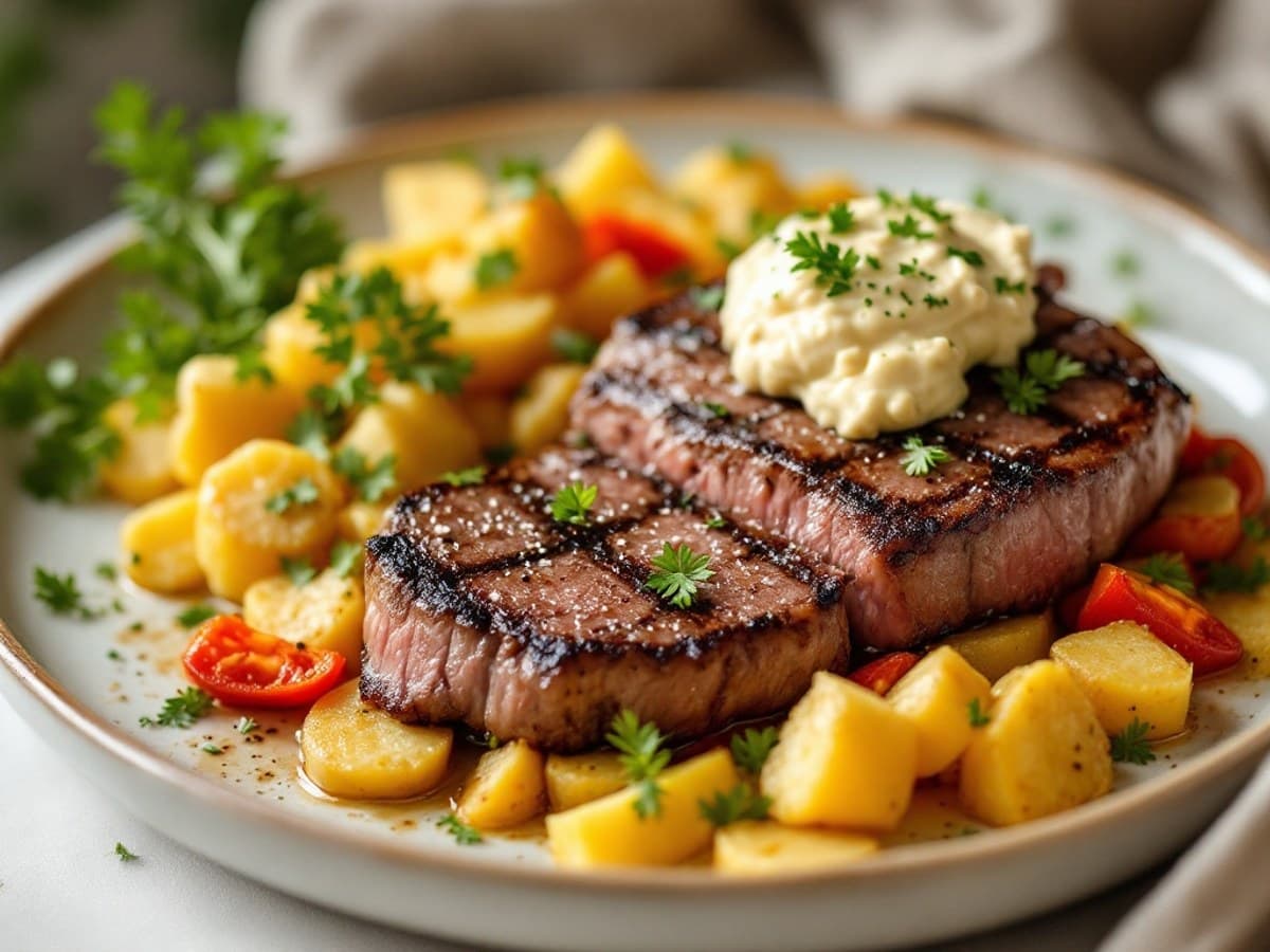 Rinderhüftsteak mit Bratkartoffeln und Grillgemüse
