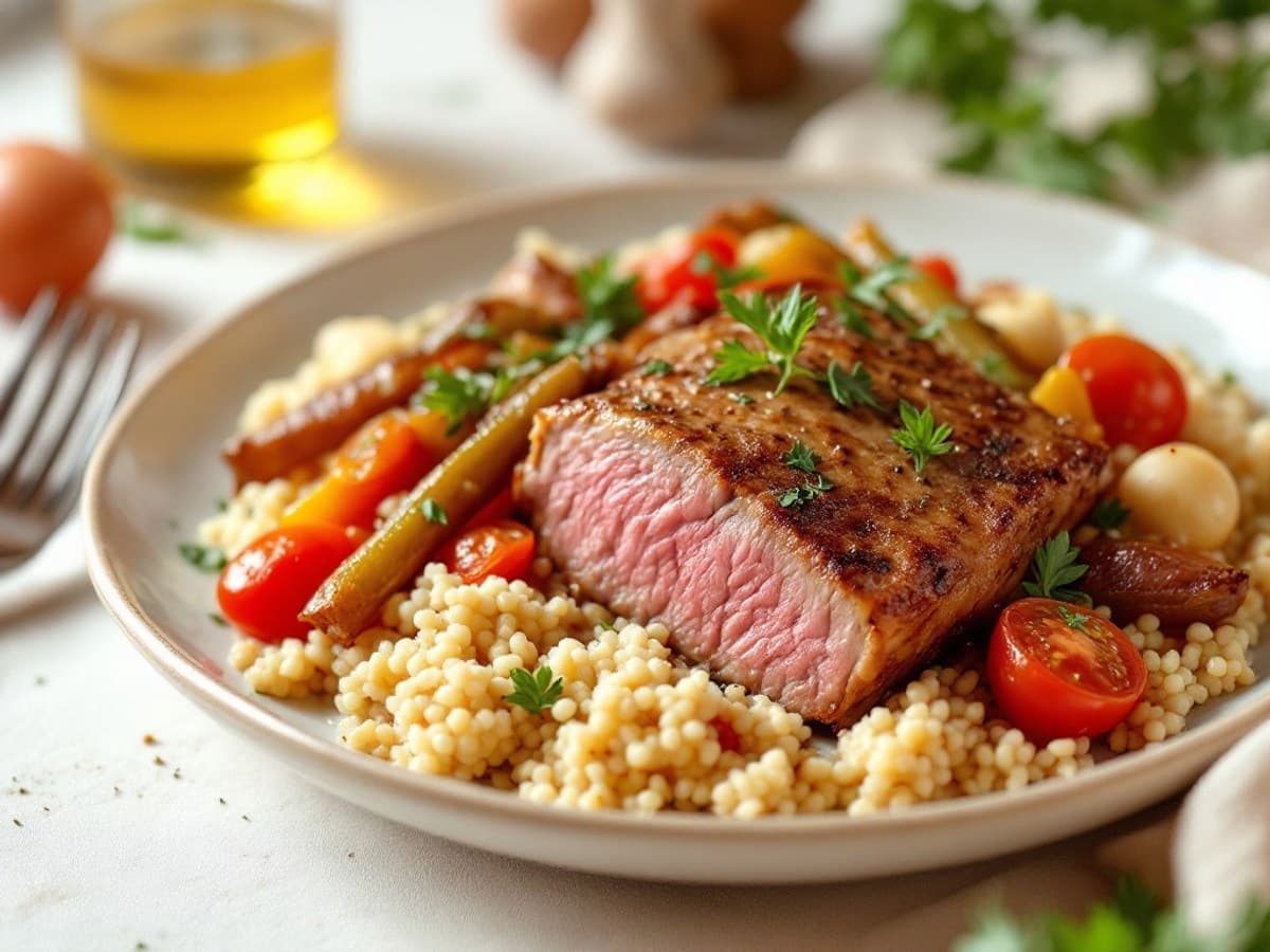 Geschmortes Rindfleisch mit Gewürzgemüse und Couscous