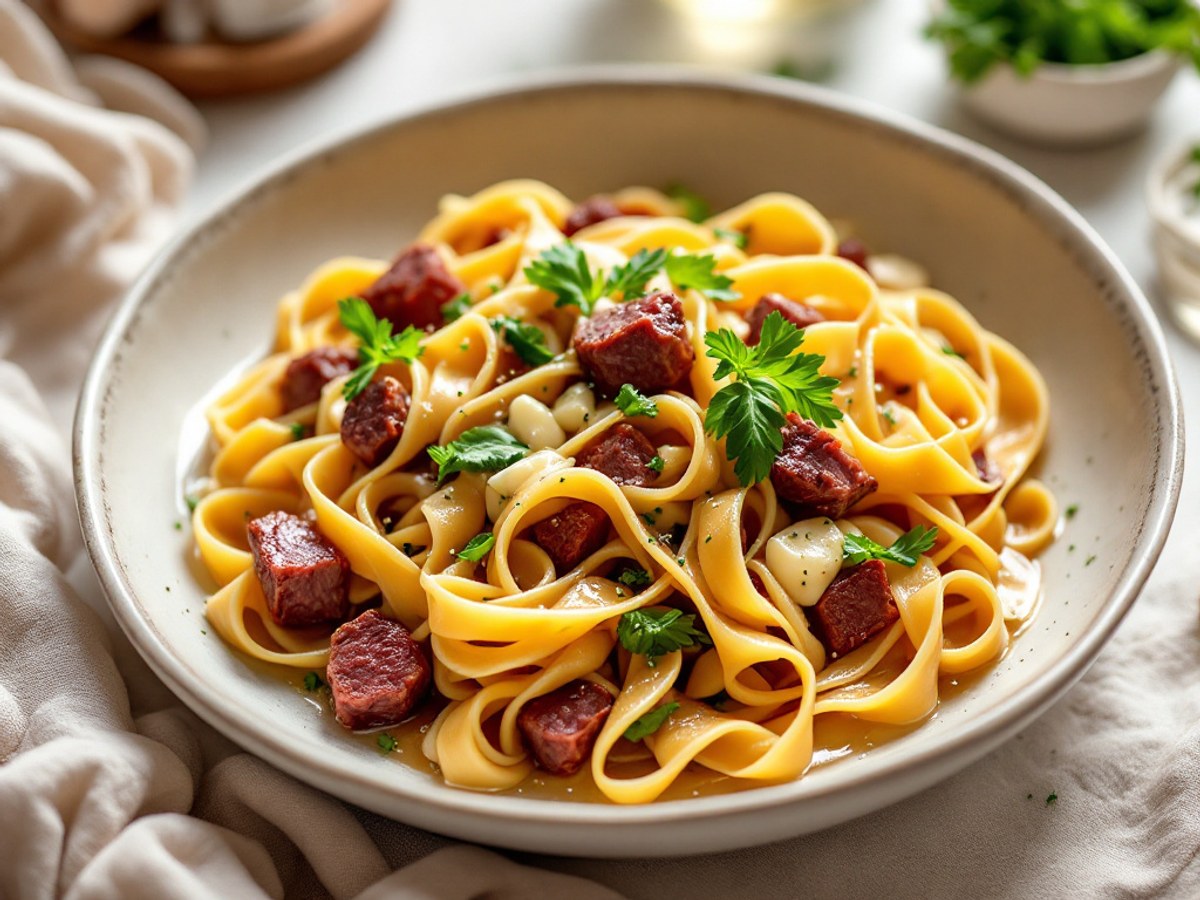Bandnudeln in Sahnesauce mit Rinderschinken und Rucola