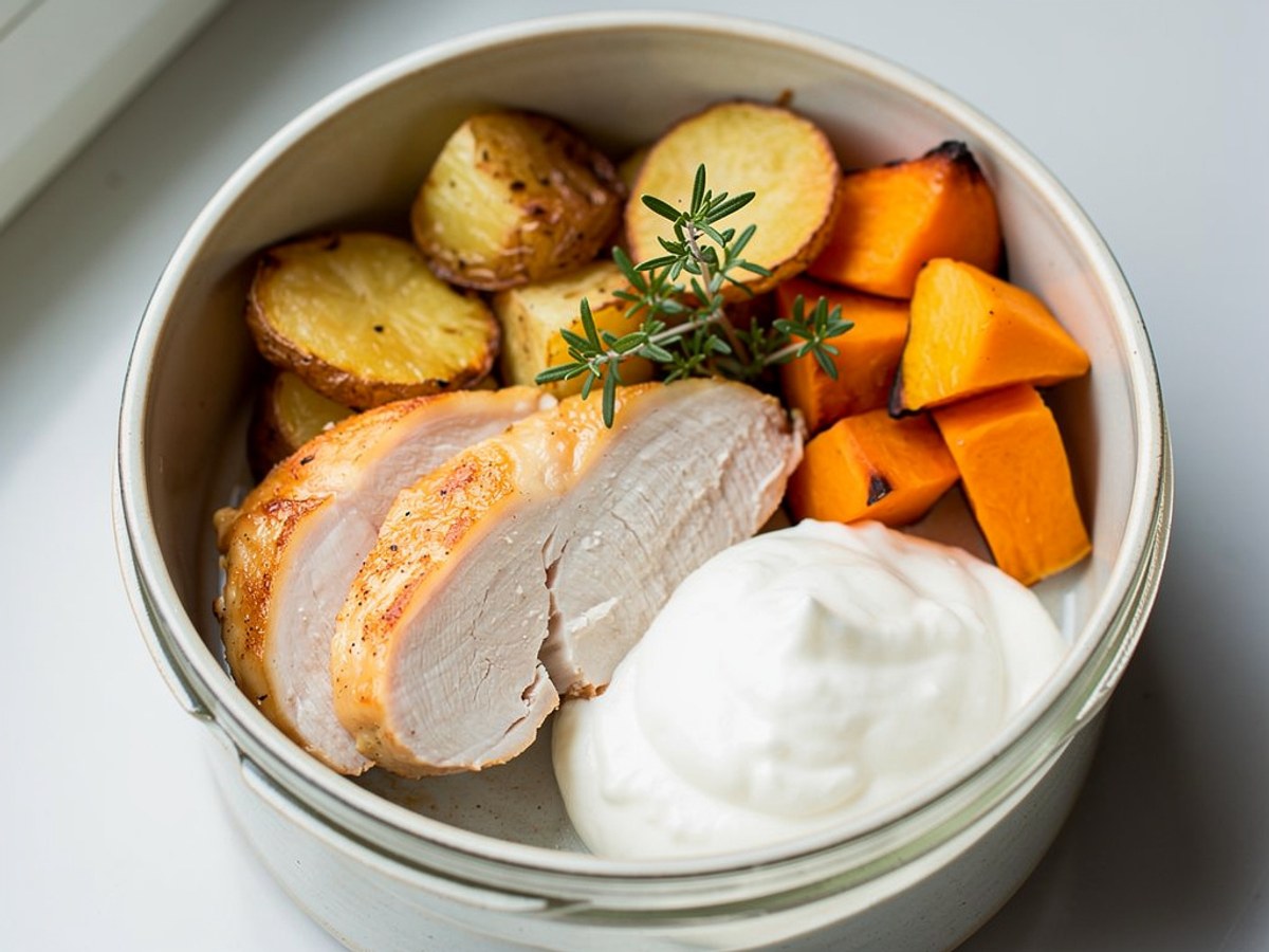 Gebratenes Hähnchenfilet mit Kürbis und Bratkartoffeln