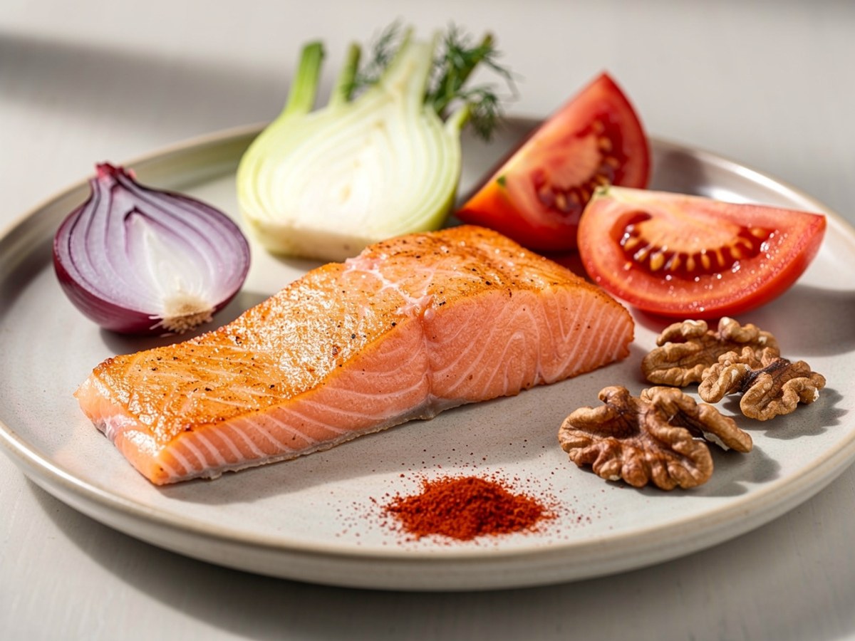 Gebratenes Lachsfilet auf geschmortem Fenchel-Tomaten-Gemüse mit Walnüssen