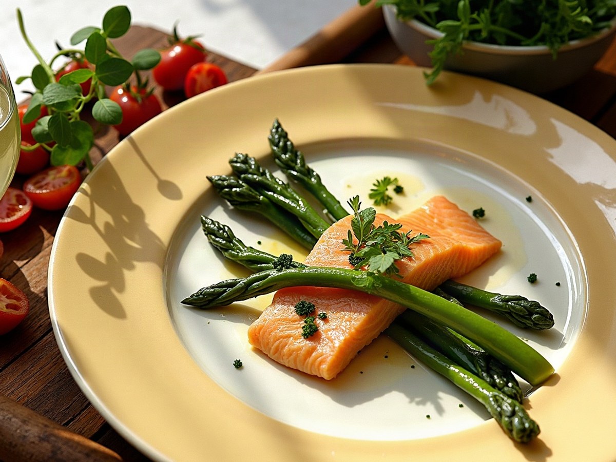 Grüner Spargel mit Lachs und Gemüse in Weißweinsauce
