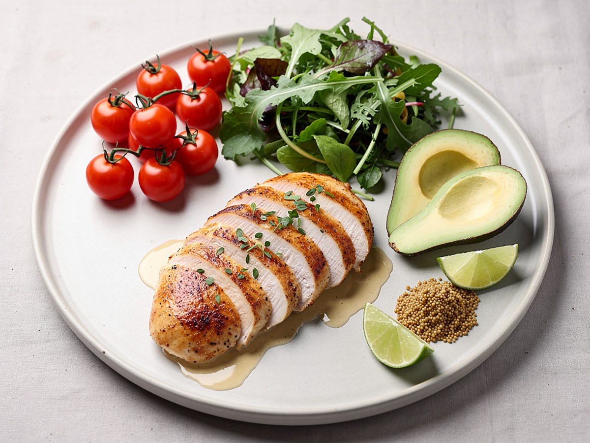 Hähnchenbrust-Salat mit Avocado, Kirschtomaten und Limetten-Senf-Dressing
