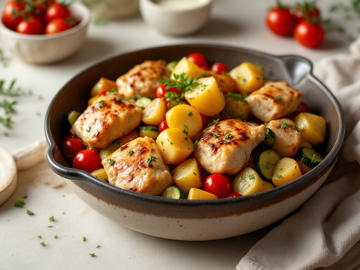 Hähnchenpfanne mit Kartoffeln, Zucchini und Möhren