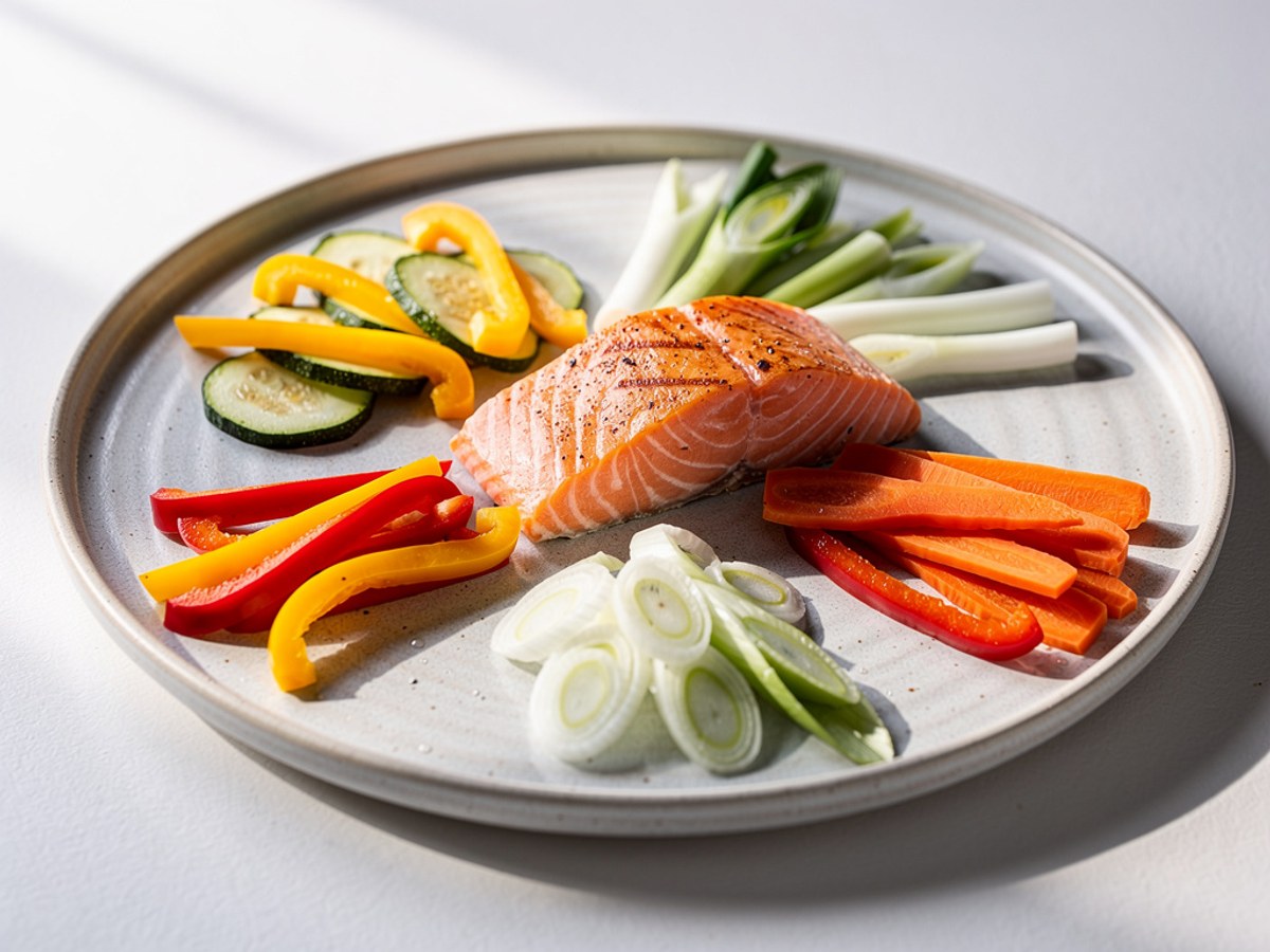 Lachs aus dem Wok mit buntem Gemüse