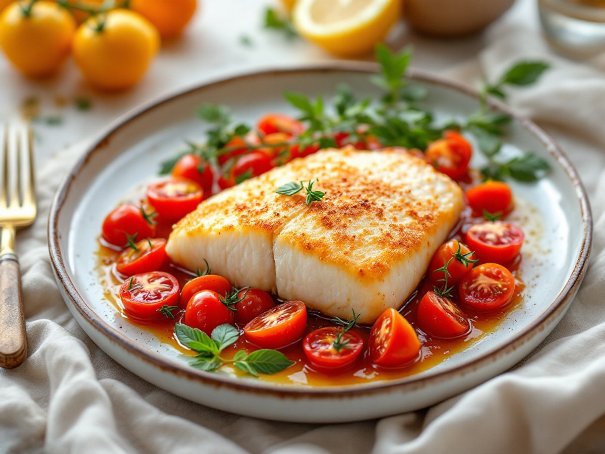 Seelachs aus dem Ofen mit Lauch, Kirschtomaten und Haselnuss-Kruste