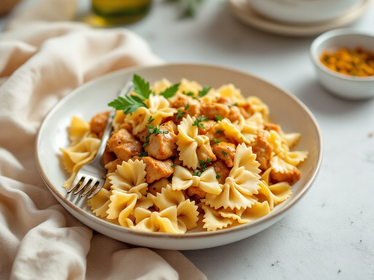 Vollkorn-Farfalle mit Hähnchen und gerösteten Erdnüssen